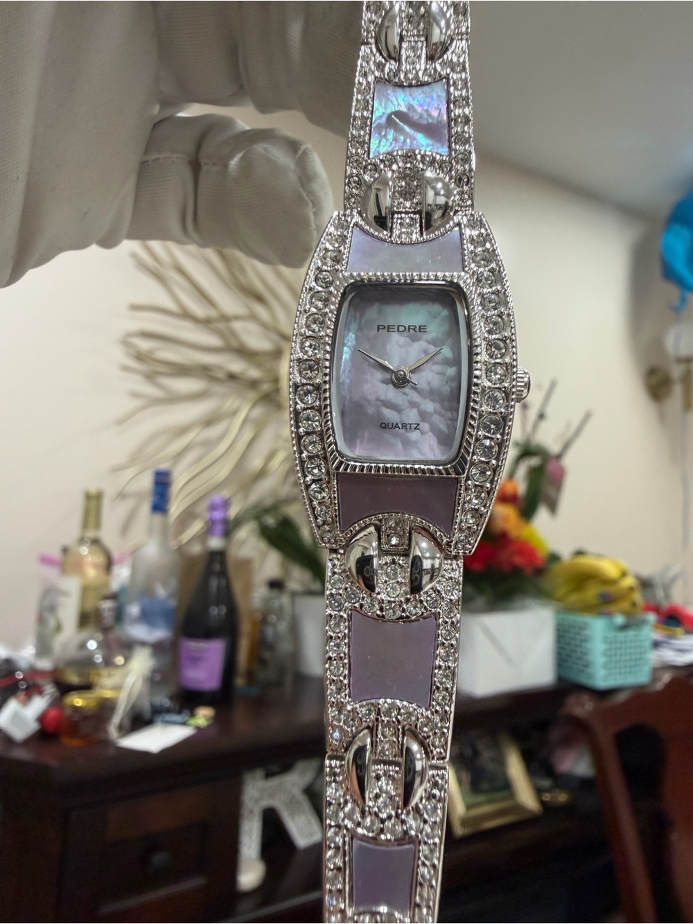 Vintage Pedre Women's Dress Watch MOP Dial Lavender Enamel Crystal Pave Bracelet